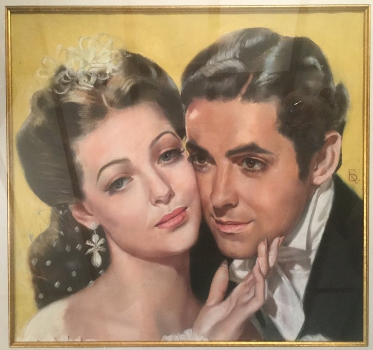 Item #03402 Pastel drawing of Tyrone Power and Loretta Young in the film "Suez" SALE PRICE $2,750 through 12/31/2022. Ron Blumberg.