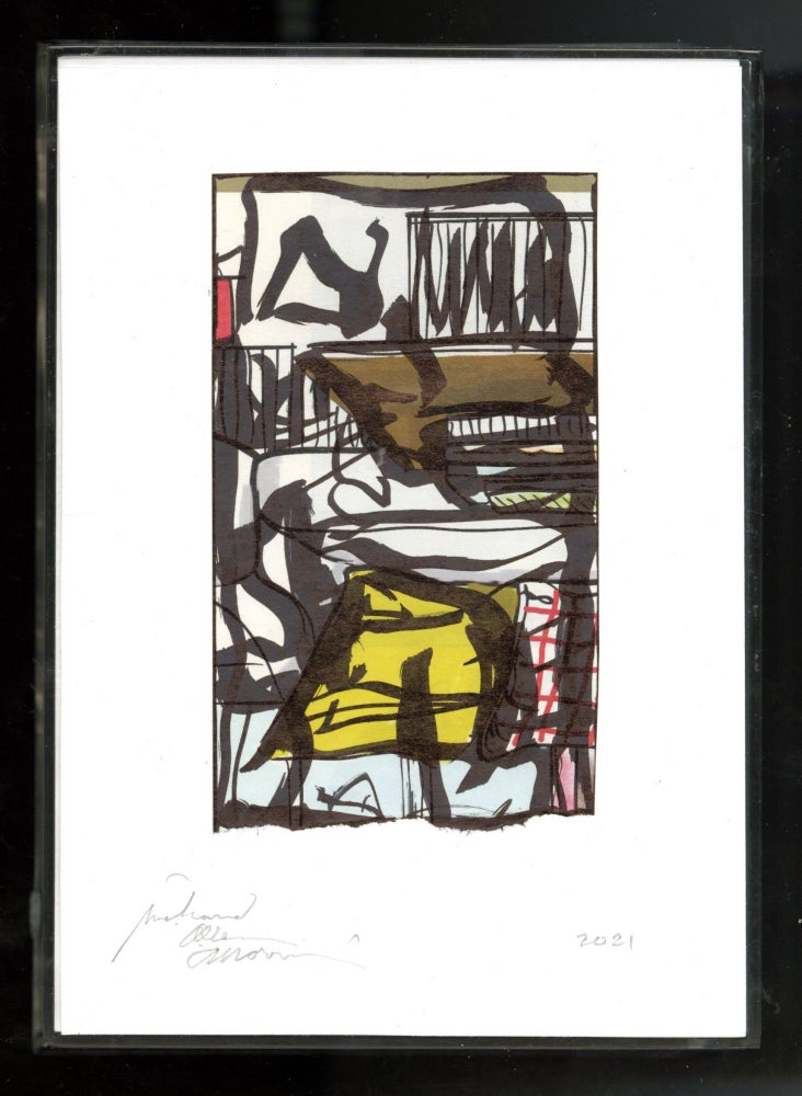 Item #110004 Untitled abstract drawing on fragment of color-printed paper, 2021. Richard Allen Morris.