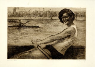 Item #29301 Signed, dated, original drypoint of a young woman rowing. Sarra Shor, Sarah Shor