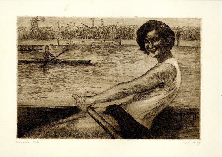 Item #29301 Signed, dated, original drypoint of a young woman rowing. Sarra Shor, Sarah Shor.