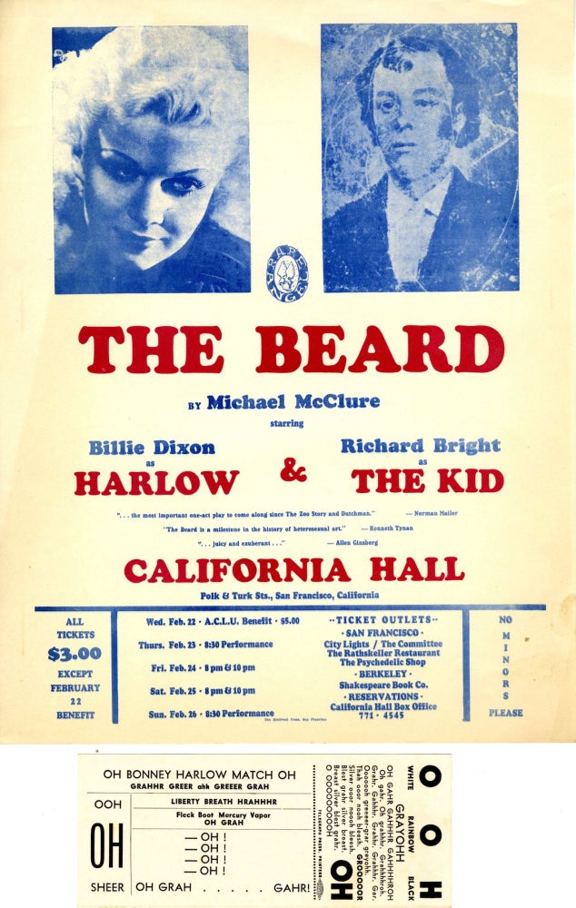 Item #91502 The Beard PLUS Small poster for performances at California Hall in February, 1967. Michael McClure.